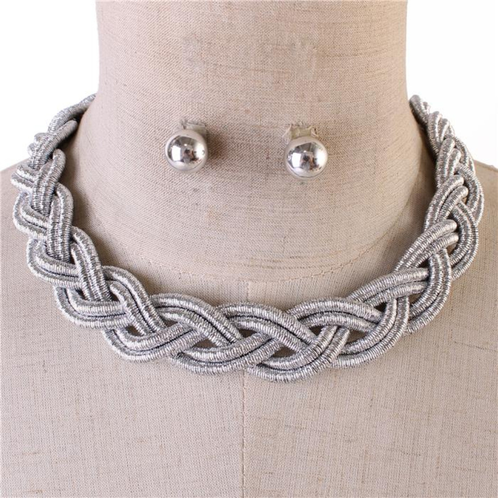 Silver Tone Braidded Cord Necklace Earring Set